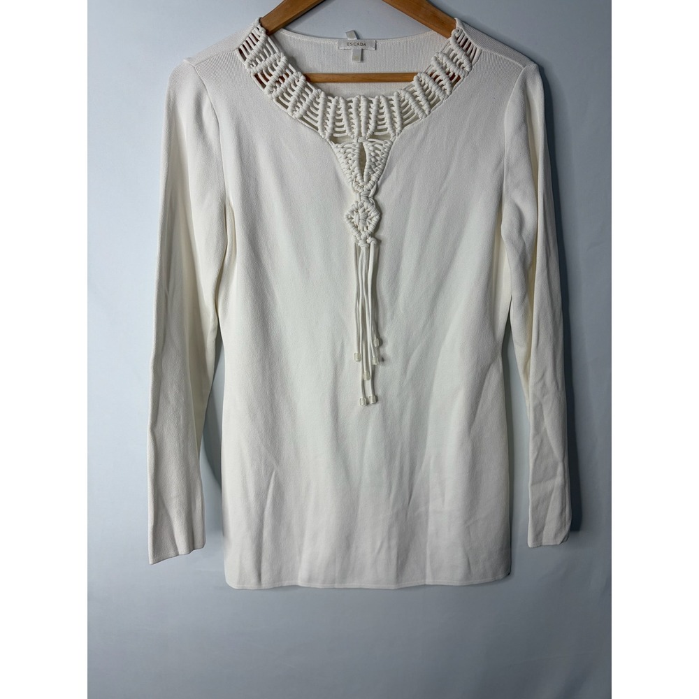 Escada Cream Macrame Tassel Long Sleeve Knit Top Sz 36 Elegant Gala Resort
